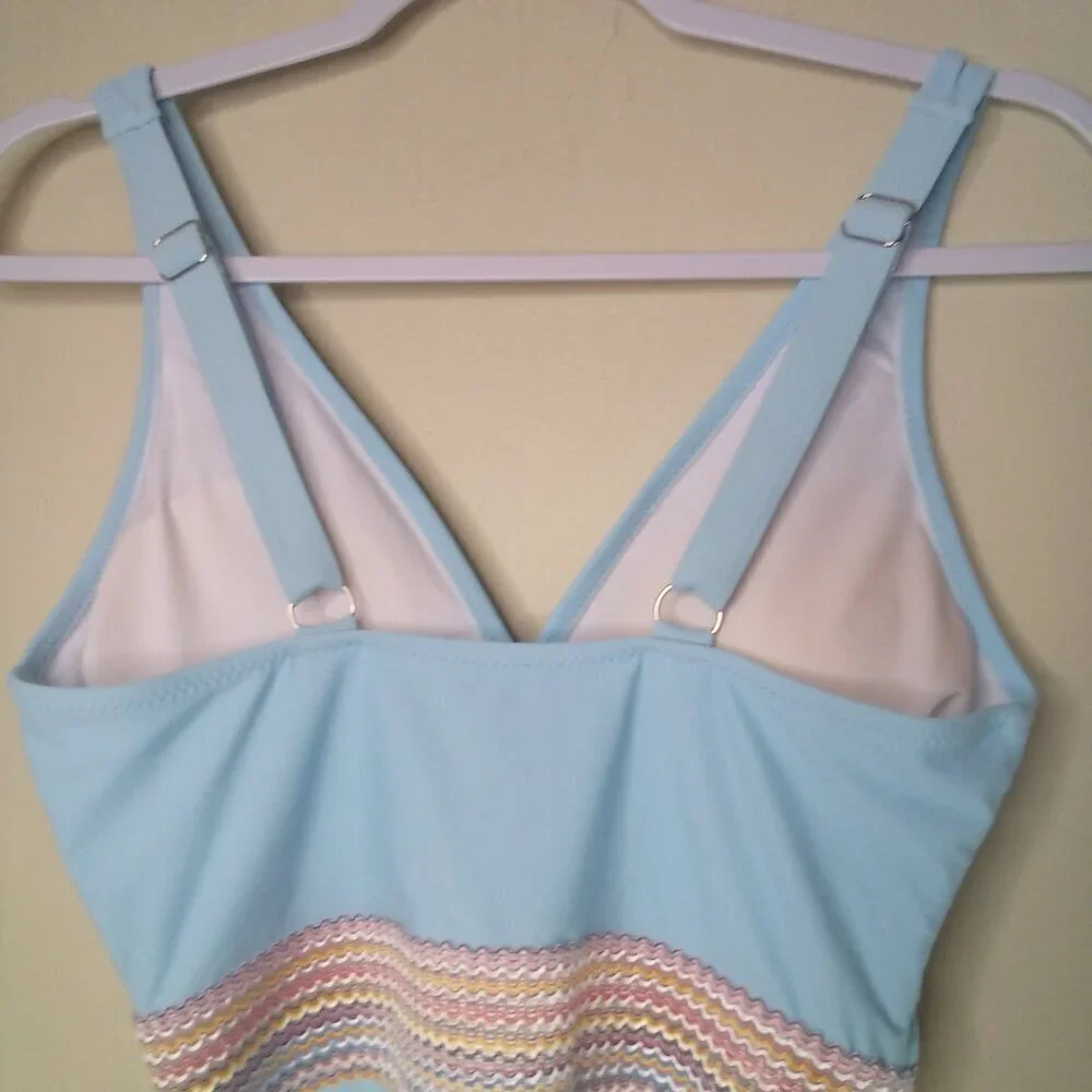 Swimsuit One Piece Women S Side Gathers Padded Cups Blue With Rainbow Accent